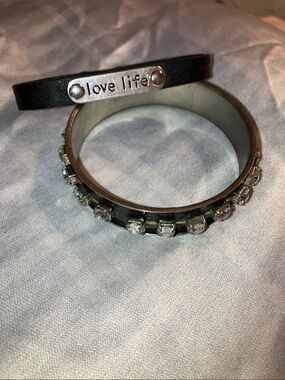 Love Life Black Leather & Silver Crystal Bracelet Set